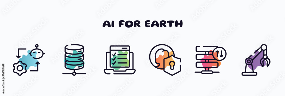 Poster ai for earth outline icons set. thin line icons such as synchronizing, network server, on, user prot