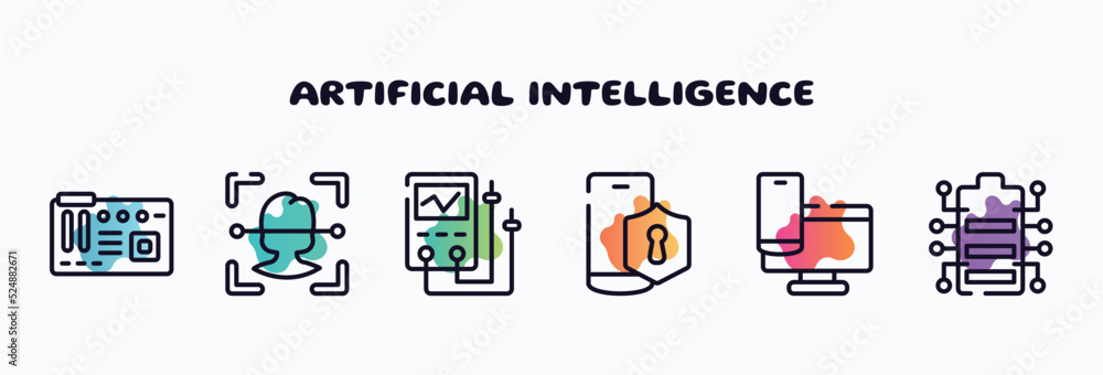 Poster artificial intelligence outline icons set. thin line icons such as motherboard, face recognition, di