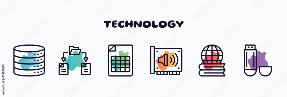Poster technology outline icons set. thin line icons such as data storage, file sharing, null, sound card, 
