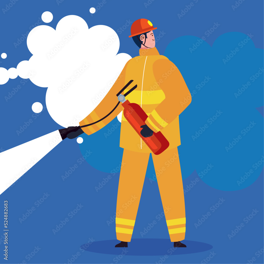 Poster firefighter with extinguisher