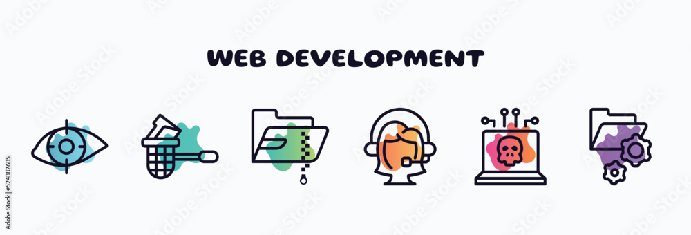 Poster web development outline icons set. thin line icons such as retinal scan, stealing data, compressed f