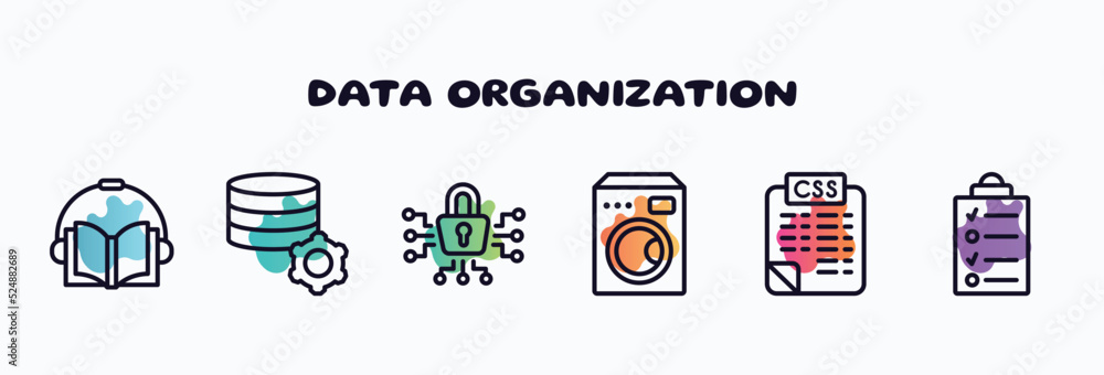Aufkleber data organization outline icons set. thin line icons such as audiobook, database management, cyber s