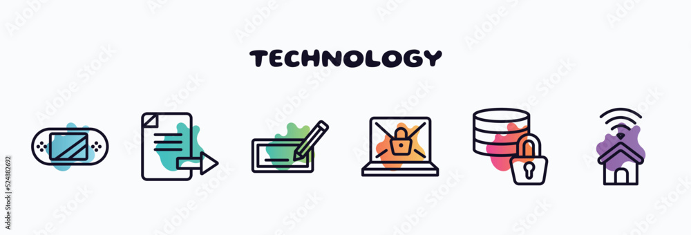 Poster technology outline icons set. thin line icons such as handheld console, export file, edit text, rans