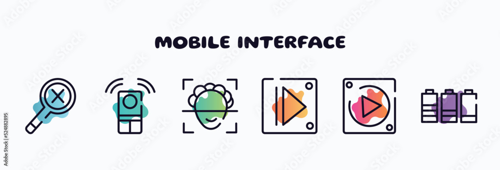 Poster mobile interface outline icons set. thin line icons such as not found, remote, face scan, controls, 