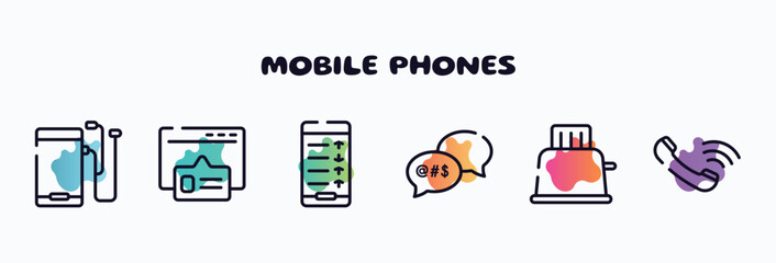 mobile phones outline icons set. thin line icons such as mobile phone with auriculars, pop up, mobile analytics on screen, swearing, toaster, auricular of phone icon collection. can be used web and