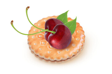 Cookies and cherries on an isolated white background. Cherry flavored cookie concept