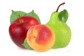 Apple, pear and apricot on an isolated white background.