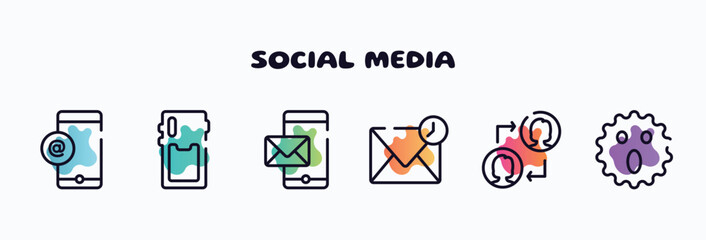social media outline icons set. thin line icons such as mobile email, phone card back, mobile with envelope, drafts, people connection, surprised icon collection. can be used web and mobile.