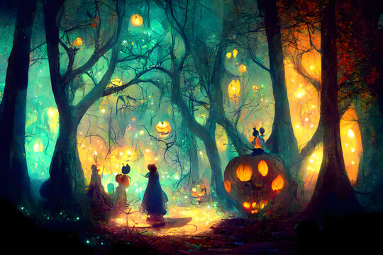 glowing pumpkin heads in dark halloween magic forest, neural network generated art. Digitally generated image. Not based on any actual scene.