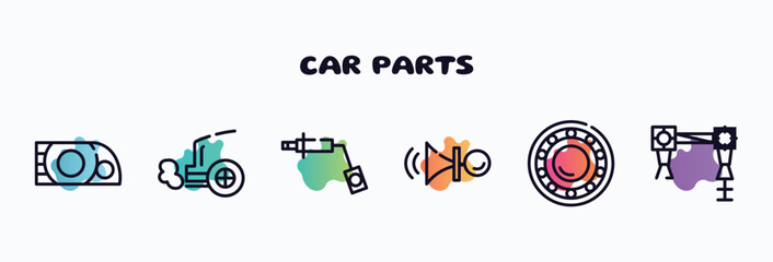 car parts outline icons set. thin line icons such as car headlight, car exhaust, wheel brace, horn, bearing, torsion bar icon collection. can be used web and mobile.