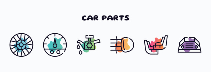 car parts outline icons set. thin line icons such as car hubcap, car fuel gauge, oil pump, fog lamp, mud flap, parcel shelf icon collection. can be used web and mobile.