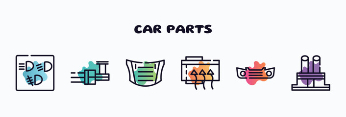 car parts outline icons set. thin line icons such as car dashboard, car distributor, bonnet, demister, bumper, distributor cap icon collection. can be used web and mobile.