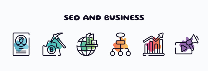 seo and business outline icons set. thin line icons such as accounts, pick, headquarters, flow chart, demand, video marketing icon collection. can be used web and mobile.