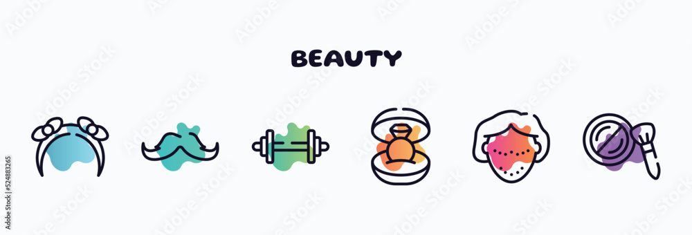 Wall mural beauty outline icons set. thin line icons such as headbands, big mustache, weightlift, ring in box, 