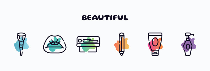 beautiful outline icons set. thin line icons such as makeup brush, women lips, solarium, eye pencil, shaving cream, lotion bottle icon collection. can be used web and mobile.