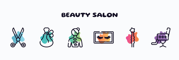 beauty salon outline icons set. thin line icons such as hairdresser scissors, french perfume, hot stone massage, false eyelashes, two hairpins, beauty salon chair icon collection. can be used web