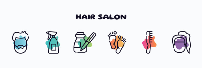 hair salon outline icons set. thin line icons such as male head hair and beard, hair salon spray bottle and can, serum, barefoot, one comb, female head with ponytail icon collection. can be used web - obrazy, fototapety, plakaty