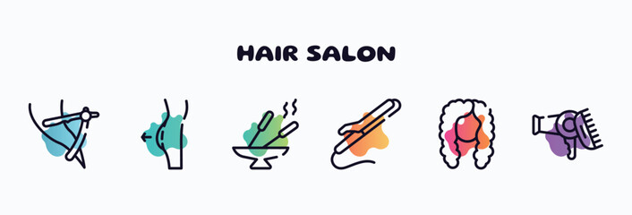 Naklejka premium hair salon outline icons set. thin line icons such as razor to cut hairs, liposuction, incense, curling iron, curled black long female hair shape, hairdryer and comb icon collection. can be used web