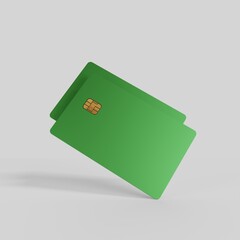 Template for bank card design presentation. Green bank card with a chip. 3d rendering.