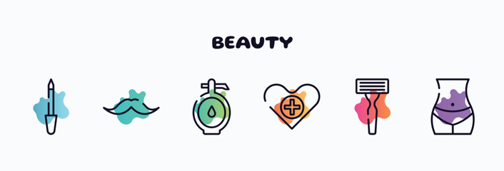 beauty outline icons set. thin line icons such as lima, moustaches, doser, health care, shaving razor, bellybutton icon collection. can be used web and mobile.