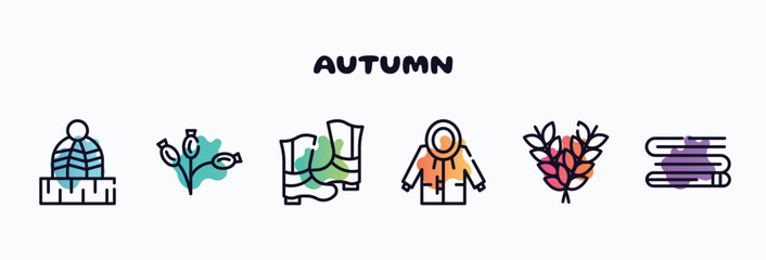 autumn outline icons set. thin line icons such as winter hat, rosa canina, rubber roots, raincoat, rye, blanket icon collection. can be used web and mobile.