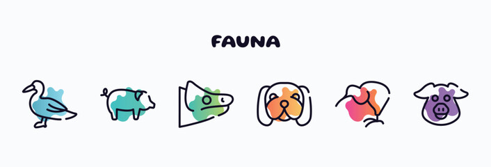 fauna outline icons set. thin line icons such as wild duck, pig with round tail, chameleon head, null, kiwi eating, pig head icon collection. can be used web and mobile. © VectorStockDesign