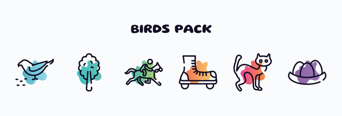 birds pack outline icons set. thin line icons such as bird eating seeds, plain tree, race horse with jockey, roller skate, black cat, egg in a nest icon collection. can be used web and mobile.