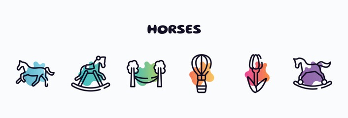 horses outline icons set. thin line icons such as horse running, horse rocker black, hammock, hot air balloon, tulips, horse rocker icon collection. can be used web and mobile.