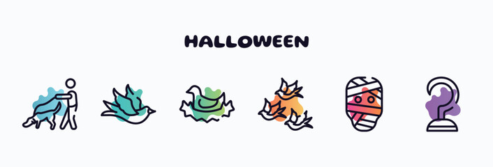 halloween outline icons set. thin line icons such as dog and a man, black bird, bird in nest, birds group, mummy, hook icon collection. can be used web and mobile.