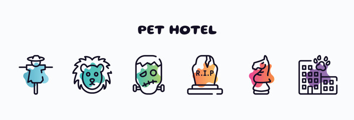 pet hotel outline icons set. thin line icons such as scarecrow, lion face, frankenstein, tombstone, horse head chess piece, hotel building icon collection. can be used web and mobile.