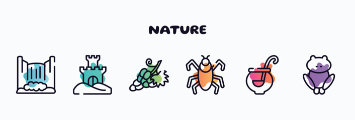 nature outline icons set. thin line icons such as cataract, sand castle, grapes, insect, punch bowl, toad icon collection. can be used web and mobile.
