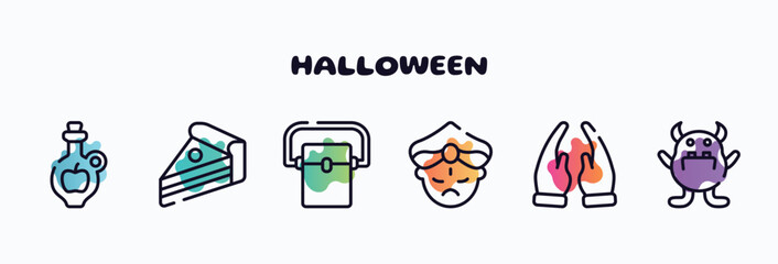 halloween outline icons set. thin line icons such as cider, piece of cake, freezer, maharaja, prayer, monster icon collection. can be used web and mobile.