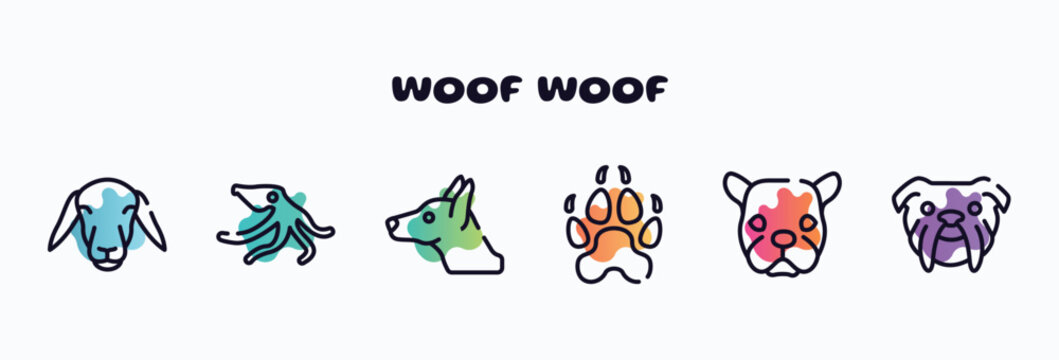 woof woof outline icons set. thin line icons such as female sheep head, wild octopus, doberman dog head, canine pawprint, face of staring dog, bulldog head icon collection. can be used web and
