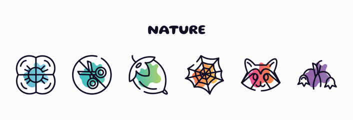 nature outline icons set. thin line icons such as poppy, no cut, hazelnut, spider web, racoon, harebell icon collection. can be used web and mobile.