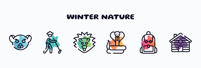 winter nature outline icons set. thin line icons such as lemur, gardener, hedgehog, cobra, backpack, cabin icon collection. can be used web and mobile.