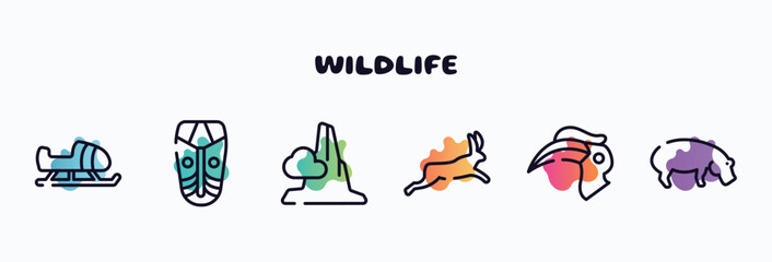 wildlife outline icons set. thin line icons such as sled, african mask, pico cao, hare, hornbill, hippo icon collection. can be used web and mobile.