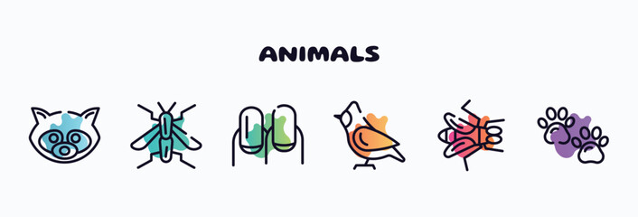 animals outline icons set. thin line icons such as raccoon, wasp, nails, cardinal, gadfly, pawprint icon collection. can be used web and mobile.