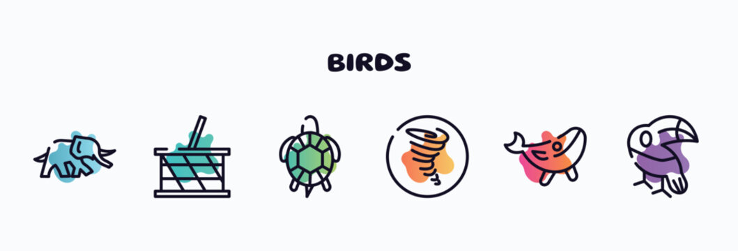 birds outline icons set. thin line icons such as elephants, picnic basket, tortoise, tornado, blue whale, toucan icon collection. can be used web and mobile.