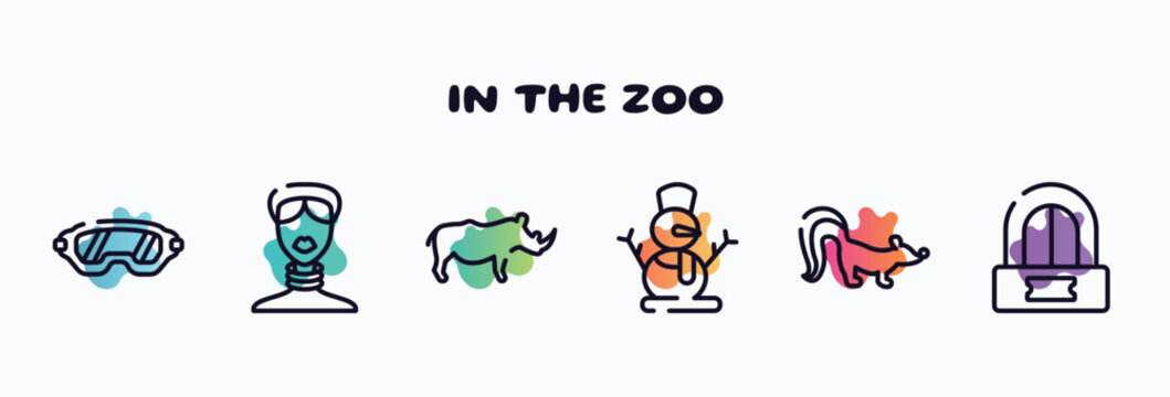 in the zoo outline icons set. thin line icons such as safety glasses, african, rhino, snowman, skunk, ticket office icon collection. can be used web and mobile.