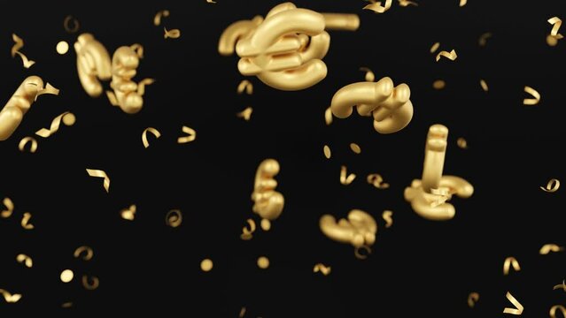 Falling golden glitter confetti and euro money signs on black background. Shiny particles. Money rain. Currency of the European Union. Business or winning in the contest, lottery concept. 3D render.