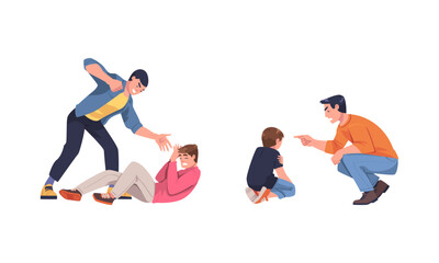 Young man beating another. Father treating his son. Domestic violence, conflicts between people cartoon vector illustration