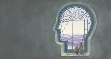 Concept idea art of brain, mind, soul, spiritual, philosophy,  psychology and mystery. surreal artwork. conceptual 3d illustration. a window of human face and the mountain landscape. nature painting.