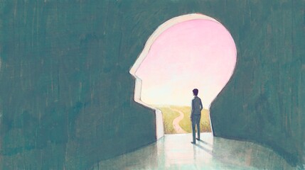 Concept art of success way solution freedom dream brain and hope  , conceptual idea artwork, surreal painting man with happiness of landscape nature in a door ,  illustration - obrazy, fototapety, plakaty