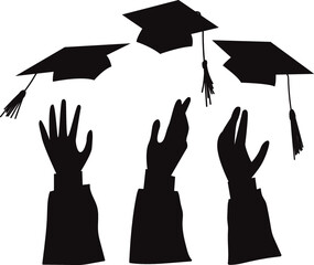 Various hands students toss up hats Vector Silhouettes