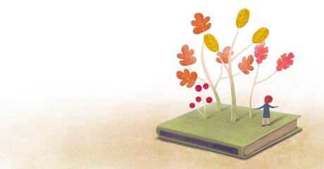 A boy and a book of Autumn tree. Concept idea art of education, imagination, inspiration, creative, and nature, conceptual artwork. 3d illustration. leaves