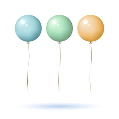Balloons in pastel blue, green, cream yellow solid colour with gold ribbons. Isolated on white background with shadow, mockup template object. Realistic 3D vector illustration.