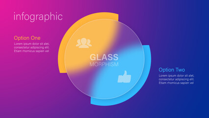 Infographic for 2 options, vector gradient design with realistic frosted glass, glassmorphism effect