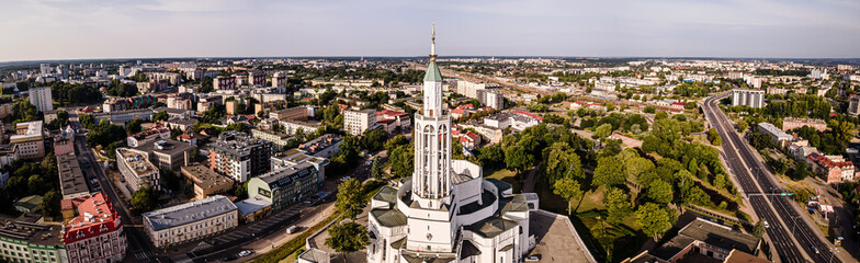 View from the drone on the church of St.Rocha in Bialystok.Panorama of the city of Bialystok.