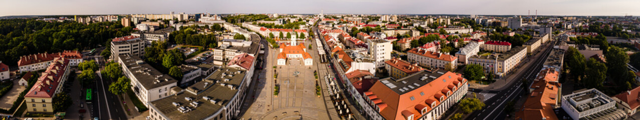 View from the drone to the Kosciuszko Market Square in the center of Bialystok .Panorama of the city of Bialystok.