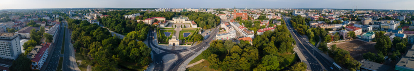 View from the drone on the Branicki Palace and the Parish Church in Bialysok.Panorama of the city of Bialystok.